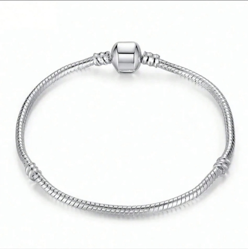 Sterling silver Plated Round Snake Chain Charm Bracelet 9" - Picture 2 of 7